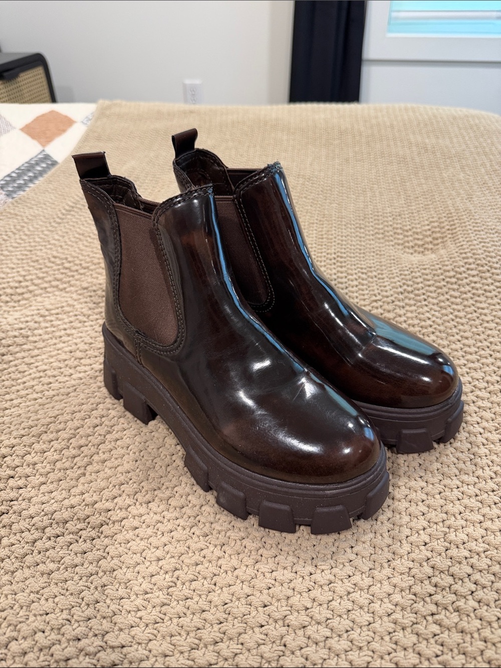 Glossy Dark Brown Chunky Platform Chelsea Booties
